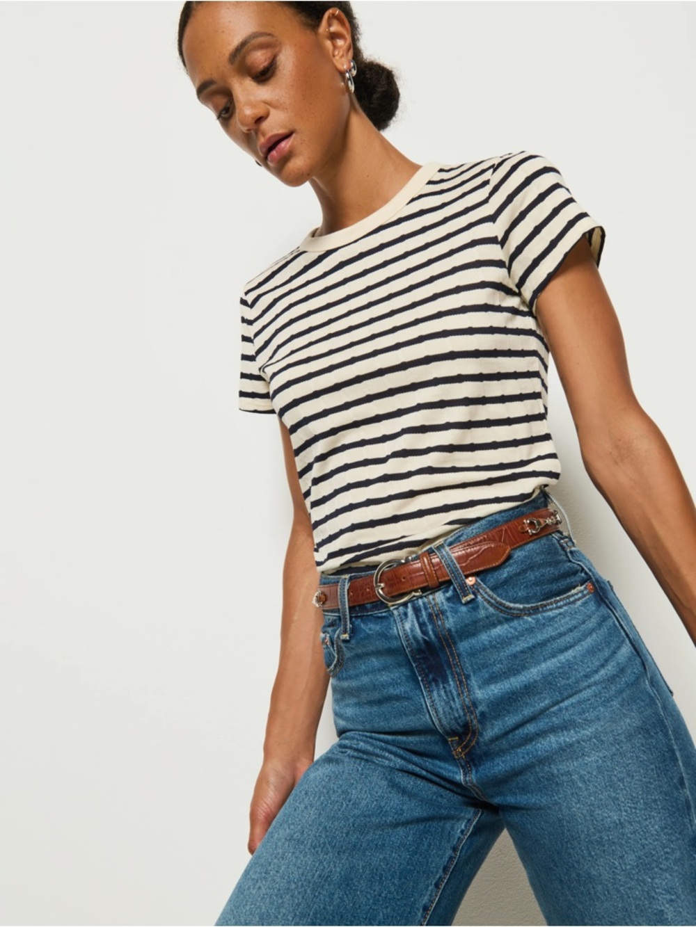 Striped Crewneck Short Sleeve Tee in Cream and Black